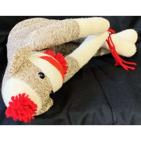 Brown Red Classic Sock Monkey Plush Stuffed Animal Long Hanging Knit White 19" - Picture 7 of 7